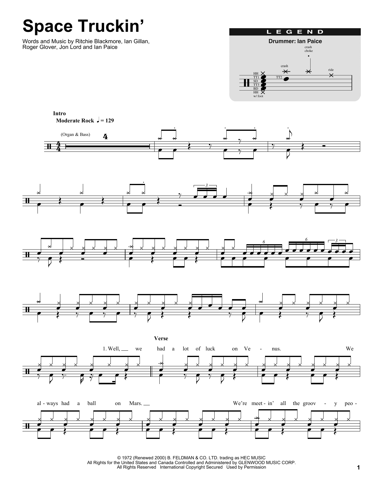 Deep Purple Space Truckin' sheet music notes and chords. Download Printable PDF.