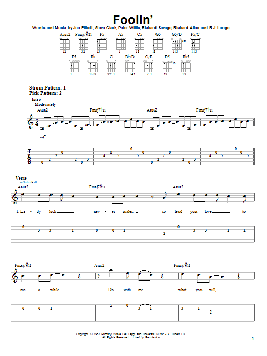 Def Leppard Foolin' sheet music notes and chords arranged for Guitar Tab (Single Guitar)