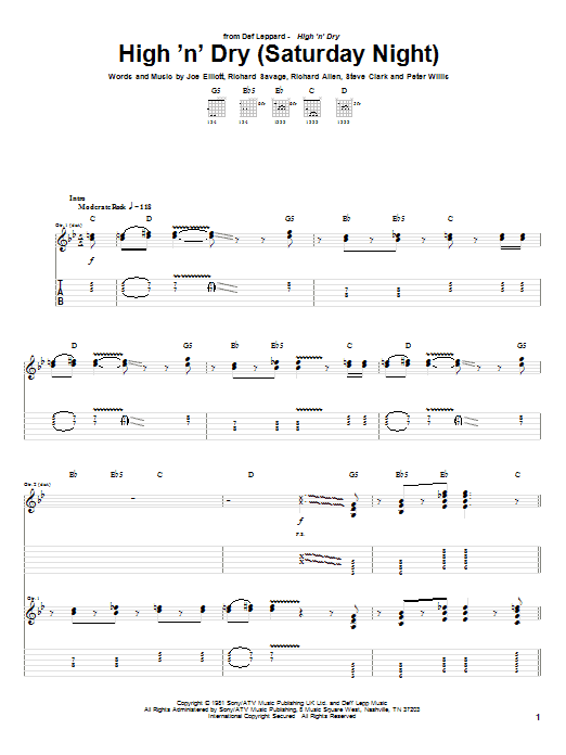 Def Leppard High 'N' Dry (Saturday Night) sheet music notes and chords arranged for Guitar Tab