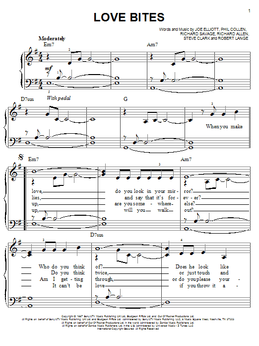 Learn to play Def Leppard Love Bites sheet music for Guitar Tab in minutes. Price: 7.8900$ Def Leppard Love Bites sheet music notes and chords arranged for Guitar Tab