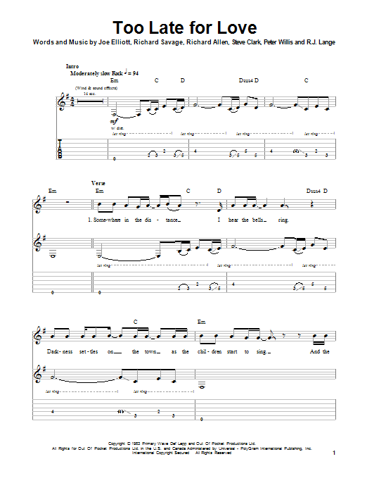 Def Leppard Too Late For Love sheet music notes and chords. Download Printable PDF.