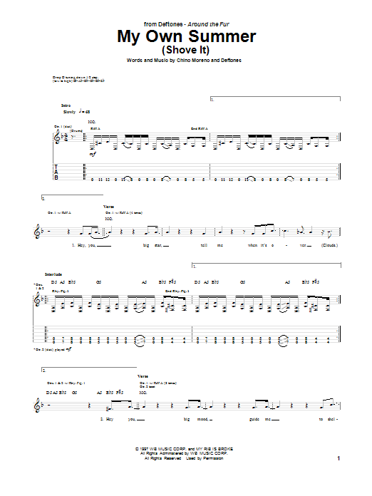 Deftones My Own Summer (Shove It) sheet music notes and chords. Download Printable PDF.