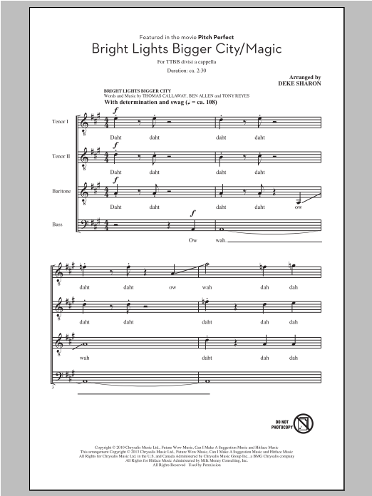 Learn to play Deke Sharon Bright Lights Bigger City/Magic sheet music for TTBB Choir in minutes. Price: 3.9900$ Deke Sharon Bright Lights Bigger City/Magic sheet music notes and chords arranged for TTBB Choir