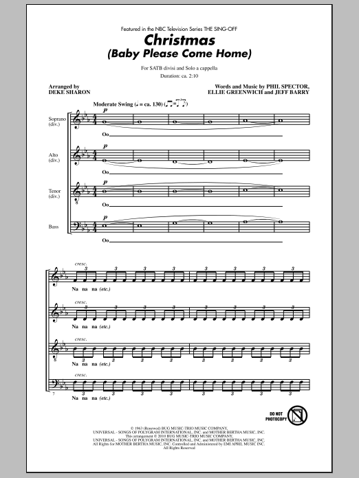 Deke Sharon Christmas (Baby Please Come Home) (from NBC's The Sing-Off) sheet music notes and chords. Download Printable PDF.