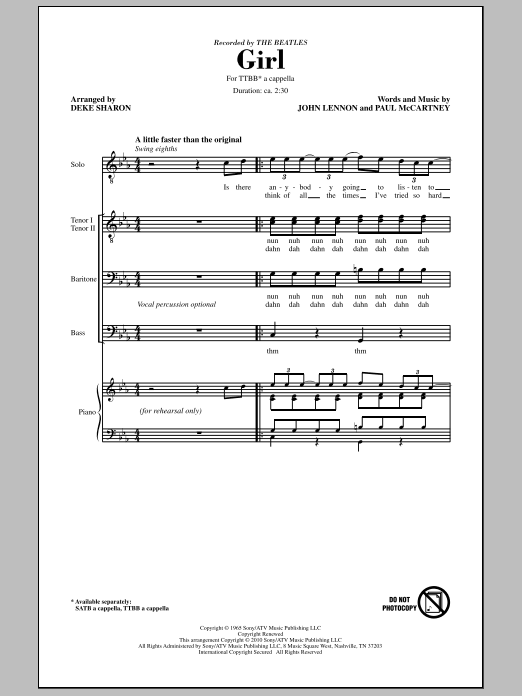 Learn to play Deke Sharon Girl sheet music for TTBB Choir in minutes. Price: 3.9900$ Deke Sharon Girl sheet music notes and chords arranged for TTBB Choir