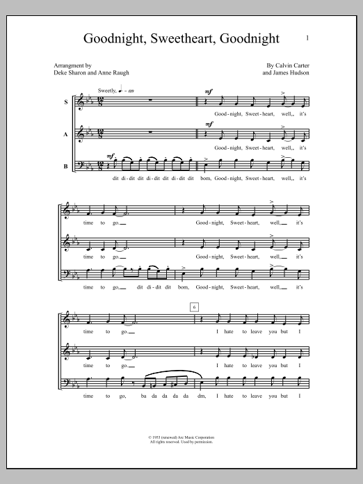 Learn to play Deke Sharon Goodnight, Sweetheart, Goodnight sheet music for SAB Choir in minutes. Price: 3.9900$ Deke Sharon Goodnight, Sweetheart, Goodnight sheet music notes and chords arranged for SAB Choir