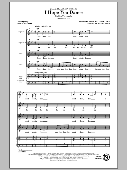 Deke Sharon I Hope You Dance sheet music notes and chords arranged for SSA Choir