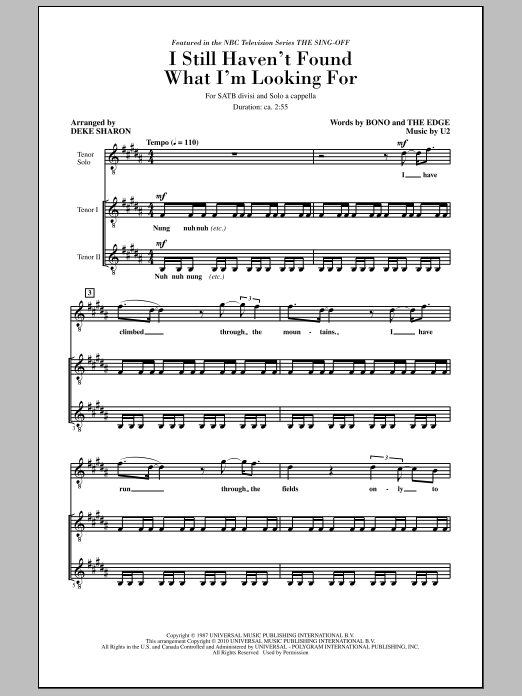 Deke Sharon I Still Haven't Found What I'm Looking For (from NBC's The Sing-Off) sheet music notes and chords. Download Printable PDF.