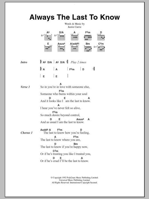 Del Amitri Always The Last To Know sheet music notes and chords. Download Printable PDF.