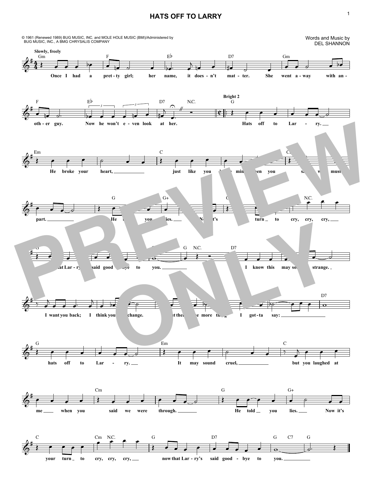 Del Shannon Hats Off To Larry sheet music notes and chords. Download Printable PDF.