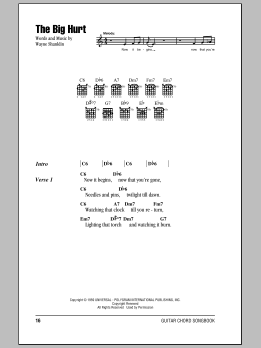 Del Shannon The Big Hurt sheet music notes and chords. Download Printable PDF.