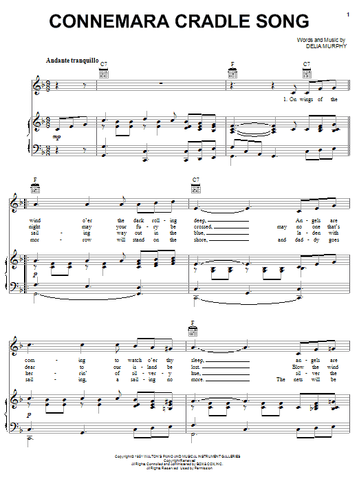 Delia Murphy Connemara Cradle Song sheet music notes and chords arranged for Piano, Vocal & Guitar Chords (Right-Hand Melody)