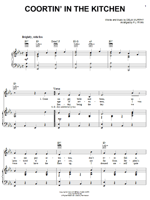 Learn to play Delia Murphy Coortin' In The Kitchen sheet music for Piano, Vocal & Guitar Chords (Right-Hand Melody) in minutes. Price: 7.8900$ Delia Murphy Coortin' In The Kitchen sheet music notes and chords arranged for Piano, Vocal & Guitar Chords (Right-Hand Melody)
