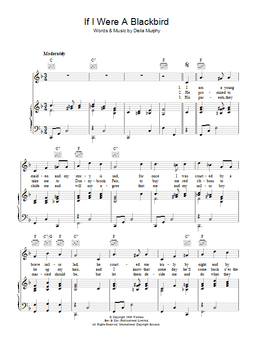 Learn to play Delia Murphy If I Were A Blackbird sheet music for Piano, Vocal & Guitar Chords in minutes. Price: 7.8900$ Delia Murphy If I Were A Blackbird sheet music notes and chords arranged for Piano, Vocal & Guitar Chords
