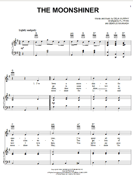 Learn to play Delia Murphy The Moonshiner sheet music for Piano, Vocal & Guitar Chords (Right-Hand Melody) in minutes. Price: 7.8900$ Delia Murphy The Moonshiner sheet music notes and chords arranged for Piano, Vocal & Guitar Chords (Right-Hand Melody)