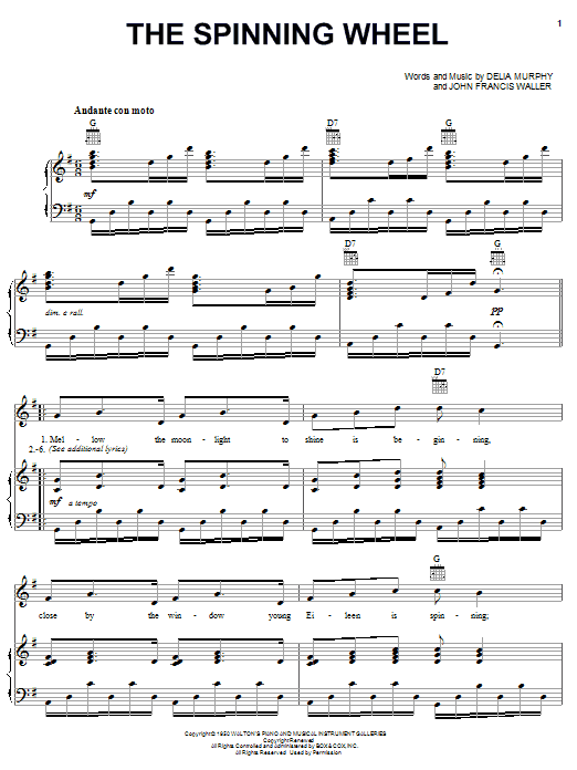 Learn to play Delia Murphy The Spinning Wheel sheet music for Piano, Vocal & Guitar Chords (Right-Hand Melody) in minutes. Price: 7.8900$ Delia Murphy The Spinning Wheel sheet music notes and chords arranged for Piano, Vocal & Guitar Chords (Right-Hand Melody)