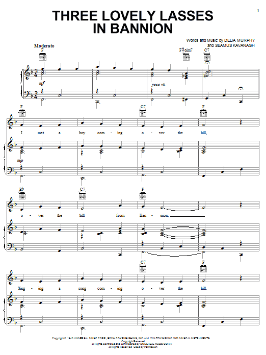 Delia Murphy Three Lovely Lasses In Bannion sheet music notes and chords arranged for Piano, Vocal & Guitar Chords (Right-Hand Melody)