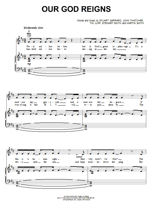 Learn to play Delirious? Our God Reigns sheet music for Piano, Vocal & Guitar Chords (Right-Hand Melody) in minutes. Price: 7.8900$ Delirious? Our God Reigns sheet music notes and chords arranged for Piano, Vocal & Guitar Chords (Right-Hand Melody)