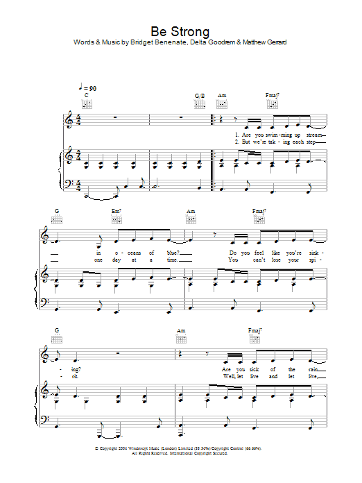 Learn to play Delta Goodrem Be Strong sheet music for Piano, Vocal & Guitar Chords in minutes. Price: 7.8900$ Delta Goodrem Be Strong sheet music notes and chords arranged for Piano, Vocal & Guitar Chords
