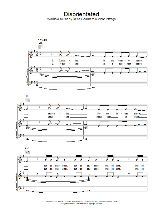 Learn to play Delta Goodrem Disorientated sheet music for Piano, Vocal & Guitar Chords in minutes. Price: 7.8900$ Delta Goodrem Disorientated sheet music notes and chords arranged for Piano, Vocal & Guitar Chords