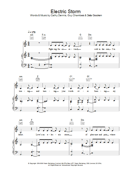 Delta Goodrem Electric Storm sheet music notes and chords arranged for Piano, Vocal & Guitar Chords