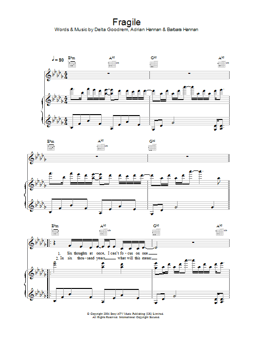 Delta Goodrem Fragile sheet music notes and chords arranged for Piano, Vocal & Guitar Chords