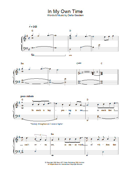 Learn to play Delta Goodrem In My Own Time sheet music for Piano Solo in minutes. Price: 7.8900$ Delta Goodrem In My Own Time sheet music notes and chords arranged for Piano Solo