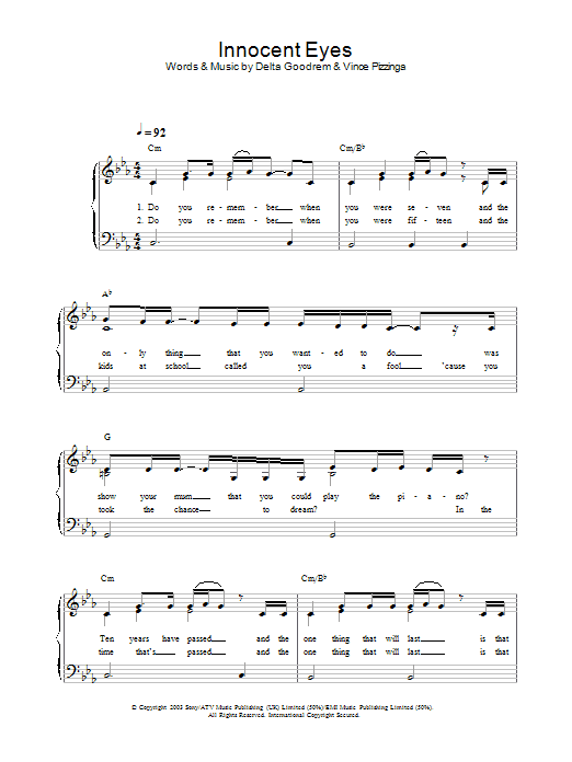 Learn to play Delta Goodrem Innocent Eyes sheet music for Piano Solo in minutes. Price: 7.8900$ Delta Goodrem Innocent Eyes sheet music notes and chords arranged for Piano Solo