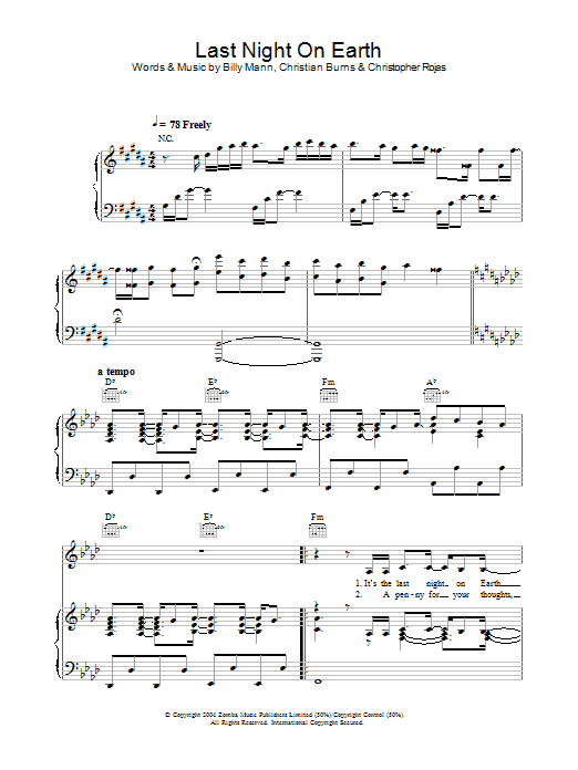 Delta Goodrem Last Night On Earth sheet music notes and chords arranged for Piano, Vocal & Guitar Chords