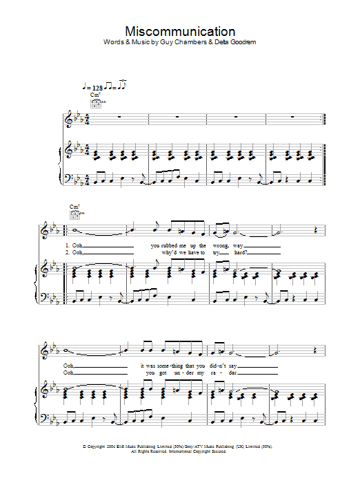 Learn to play Delta Goodrem Miscommunication sheet music for Piano, Vocal & Guitar Chords in minutes. Price: 7.8900$ Delta Goodrem Miscommunication sheet music notes and chords arranged for Piano, Vocal & Guitar Chords
