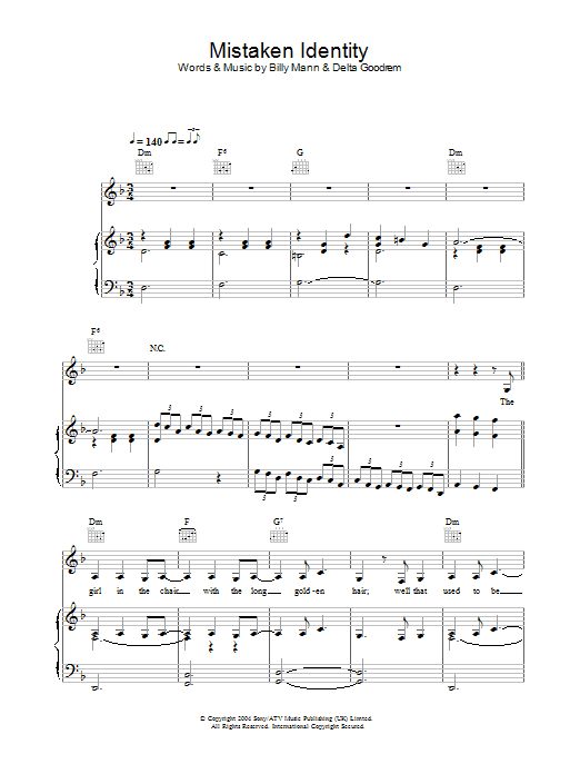 Learn to play Delta Goodrem Mistaken Identity sheet music for Piano, Vocal & Guitar Chords in minutes. Price: 7.8900$ Delta Goodrem Mistaken Identity sheet music notes and chords arranged for Piano, Vocal & Guitar Chords