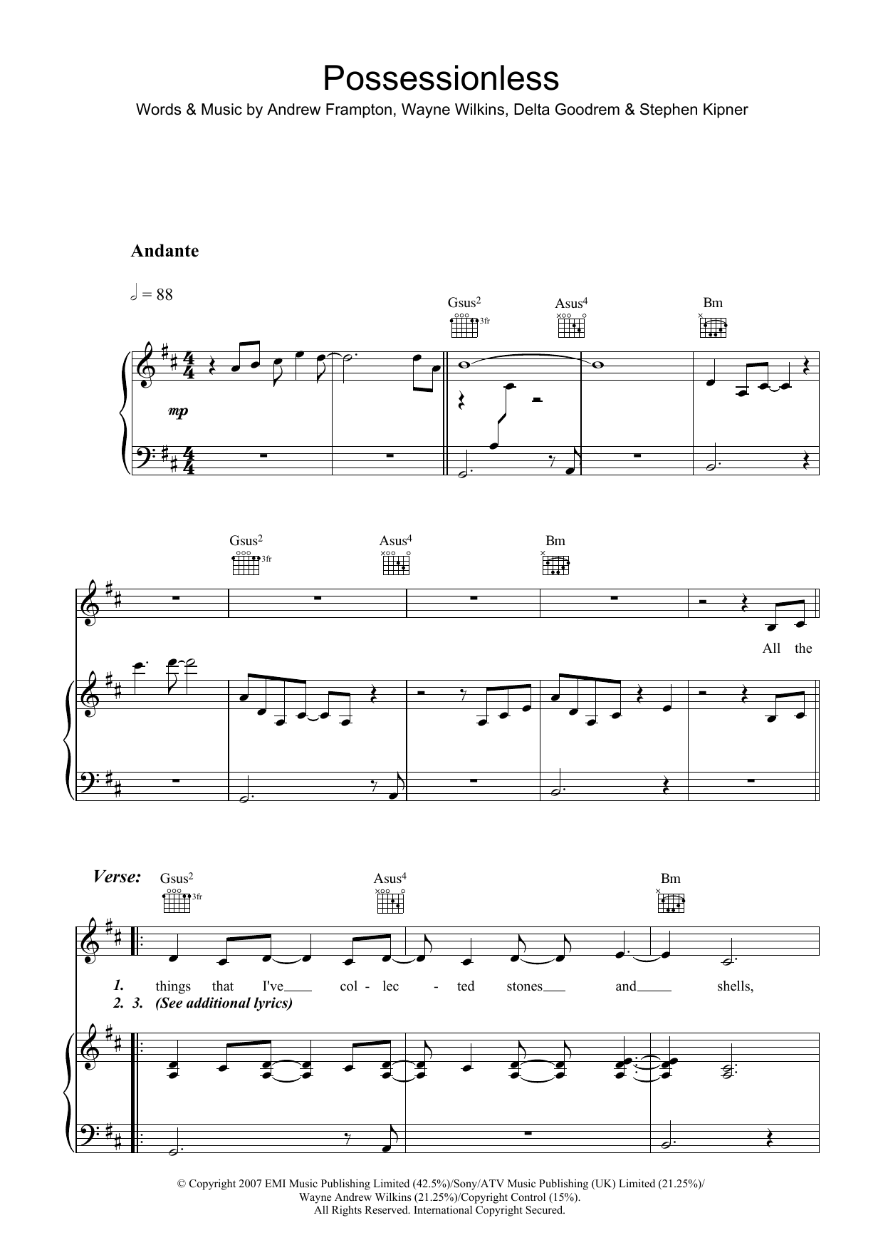 Learn to play Delta Goodrem Possessionless sheet music for Piano, Vocal & Guitar Chords in minutes. Price: 7.8900$ Delta Goodrem Possessionless sheet music notes and chords arranged for Piano, Vocal & Guitar Chords