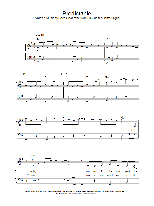 Delta Goodrem Predictable sheet music notes and chords arranged for Piano Solo