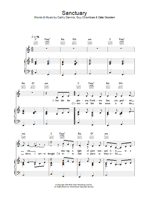 Learn to play Delta Goodrem Sanctuary sheet music for Piano, Vocal & Guitar Chords in minutes. Price: 7.8900$ Delta Goodrem Sanctuary sheet music notes and chords arranged for Piano, Vocal & Guitar Chords