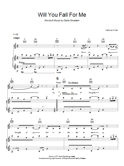 Learn to play Delta Goodrem Will You Fall For Me sheet music for Easy Piano in minutes. Price: 6.9900$ Delta Goodrem Will You Fall For Me sheet music notes and chords arranged for Easy Piano