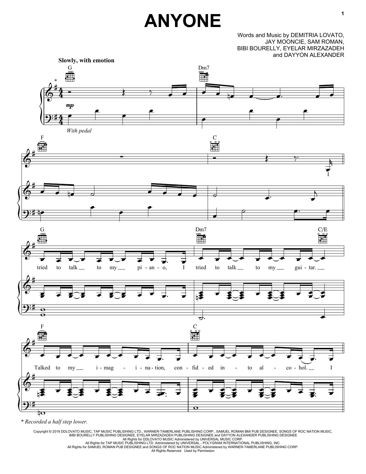 Demi Lovato Anyone sheet music notes and chords. Download Printable PDF.