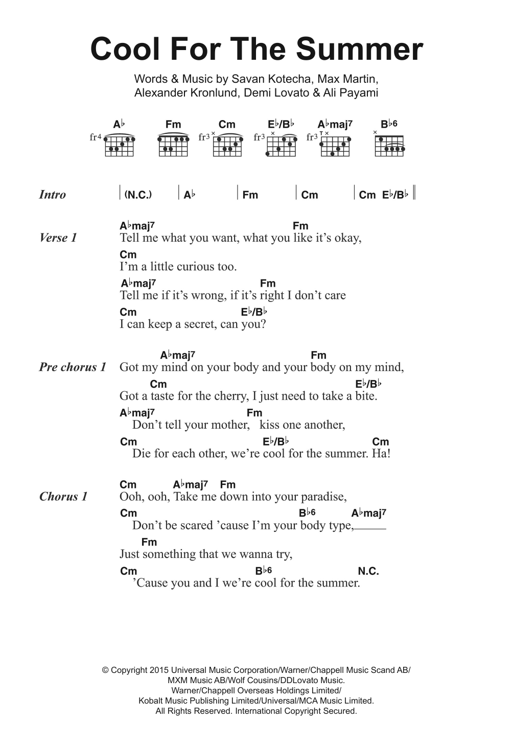 Demi Lovato Cool For The Summer sheet music notes and chords. Download Printable PDF.