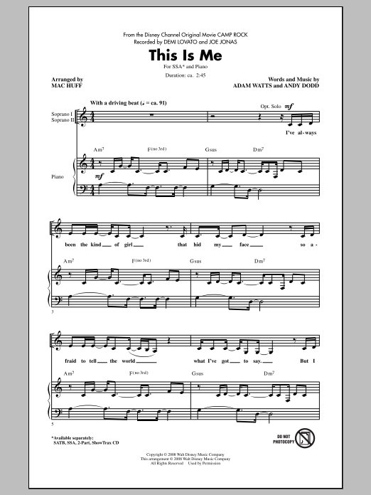 Demi Lovato & Joe Jonas This Is Me (from Camp Rock) (arr. Mac Huff) sheet music notes and chords. Download Printable PDF.