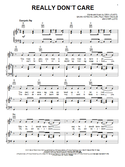 Demi Lovato Really Don't Care sheet music notes and chords. Download Printable PDF.