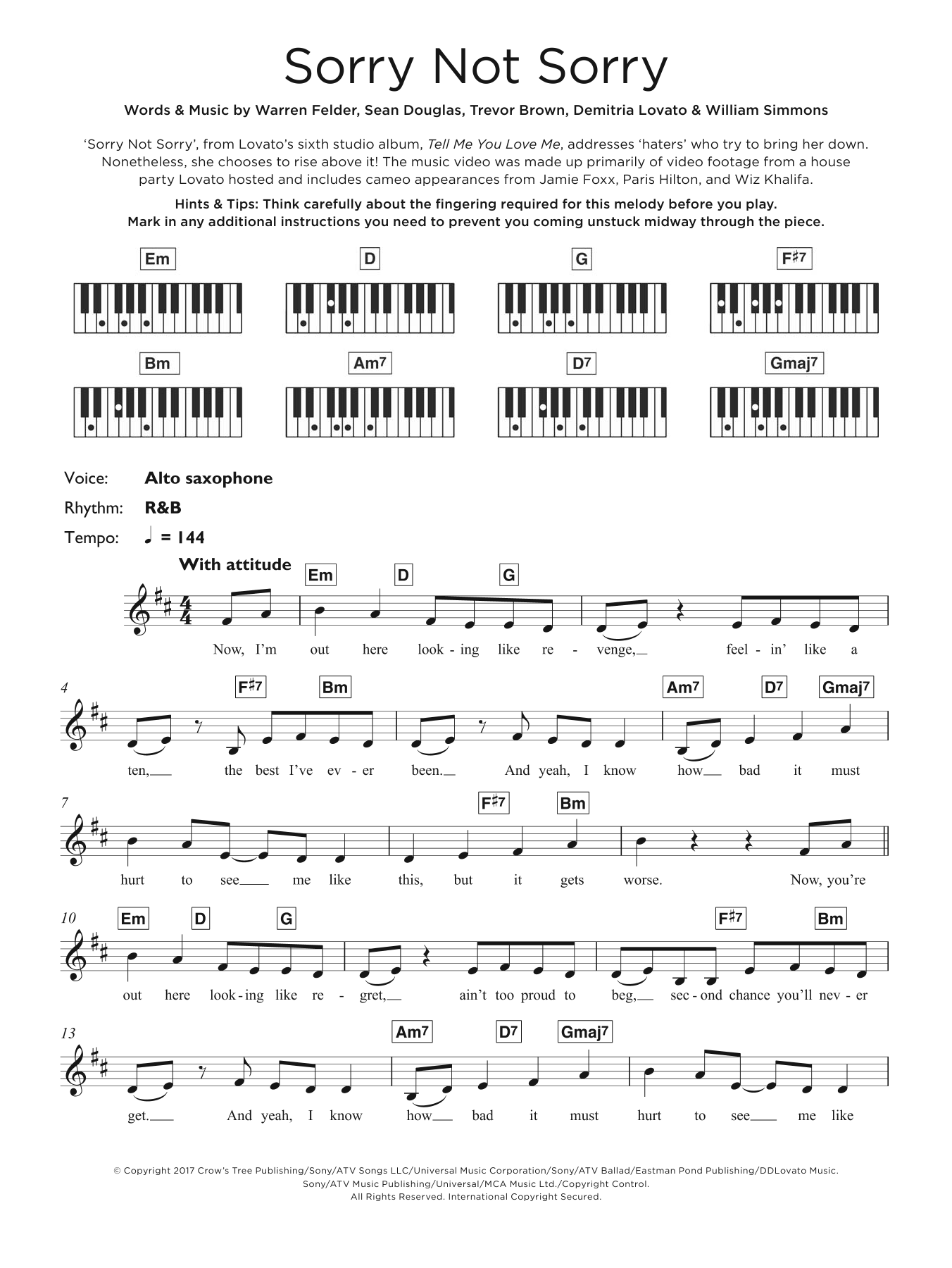 Demi Lovato Sorry Not Sorry sheet music notes and chords. Download Printable PDF.