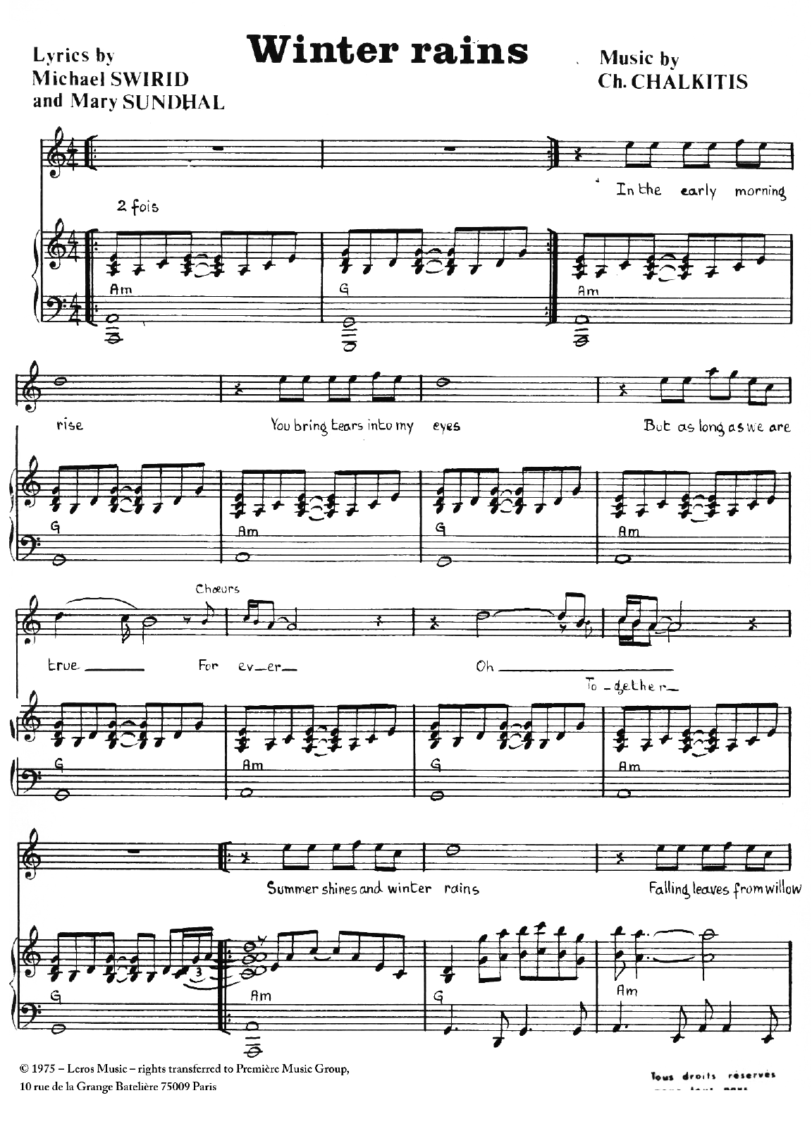 Learn to play Demis Roussos Winter's Rain sheet music for Piano & Vocal in minutes. Price: 7.8900$ Demis Roussos Winter's Rain sheet music notes and chords arranged for Piano & Vocal