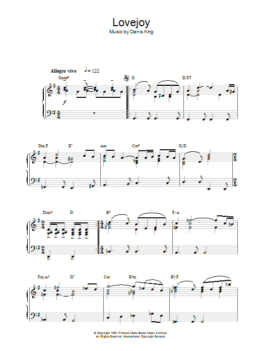 Learn to play Denis King Theme from Lovejoy sheet music for Piano Solo in minutes. Price: 7.8900$ Denis King Theme from Lovejoy sheet music notes and chords arranged for Piano Solo