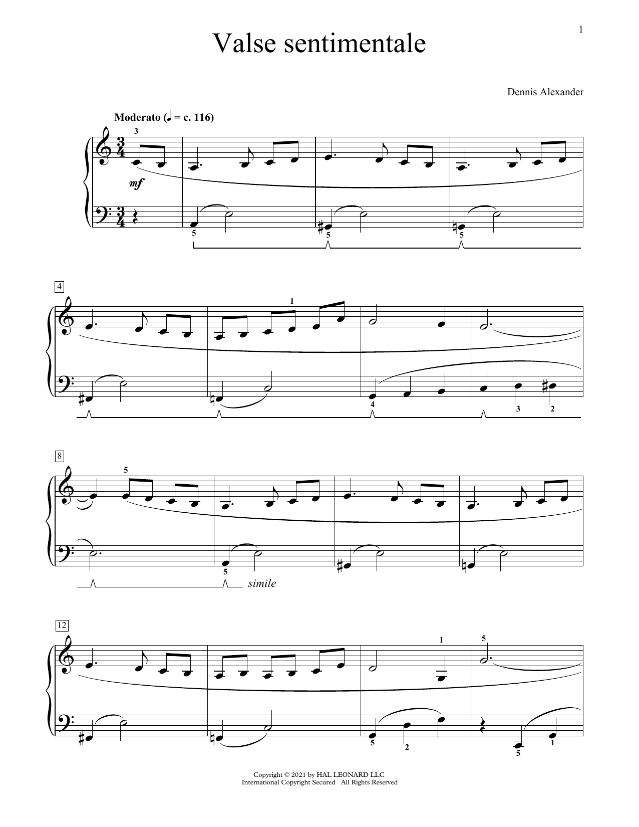 Dennis Alexander Valse Sentimentale sheet music notes and chords. Download Printable PDF.