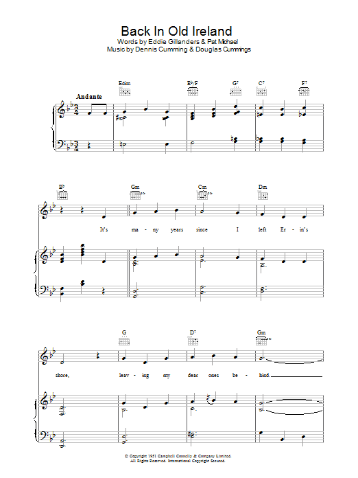 Learn to play Dennis Cummings Back In Old Ireland sheet music for Piano, Vocal & Guitar Chords in minutes. Price: 7.8900$ Dennis Cummings Back In Old Ireland sheet music notes and chords arranged for Piano, Vocal & Guitar Chords