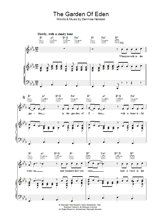 Learn to play Dennise Norwood The Garden Of Eden sheet music for Piano, Vocal & Guitar Chords in minutes. Price: 7.8900$ Dennise Norwood The Garden Of Eden sheet music notes and chords arranged for Piano, Vocal & Guitar Chords