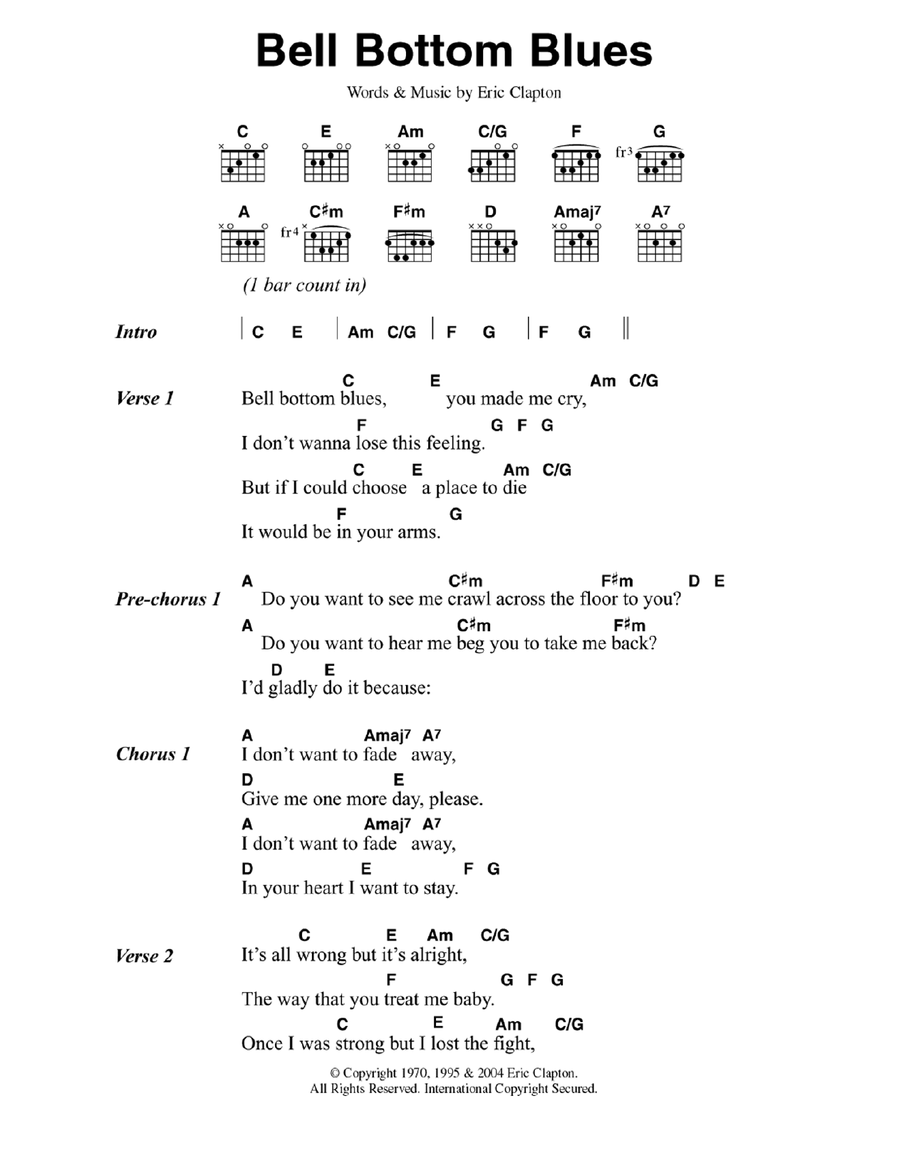 Eric Clapton Bell Bottom Blues sheet music notes and chords. Download Printable PDF.