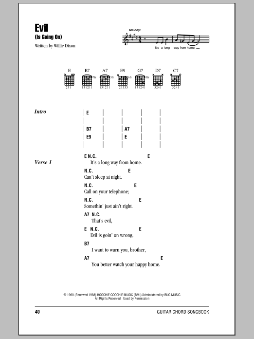 Eric Clapton Evil (Is Going On) sheet music notes and chords. Download Printable PDF.