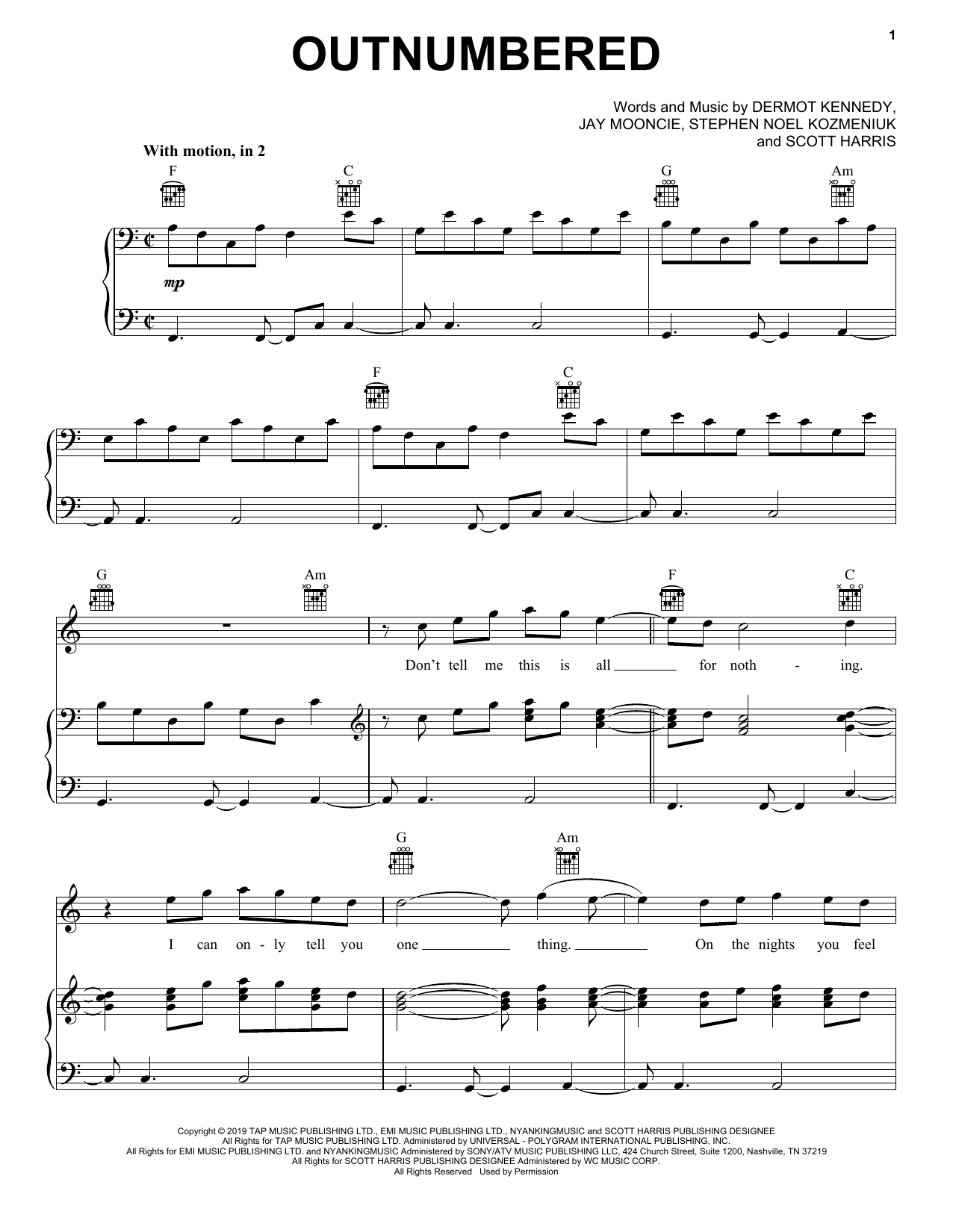 Learn to play Dermot Kennedy Outnumbered sheet music for Piano, Vocal & Guitar Chords (Right-Hand Melody) in minutes. Price: 6.9900$ Dermot Kennedy Outnumbered sheet music notes and chords arranged for Piano, Vocal & Guitar Chords (Right-Hand Melody)