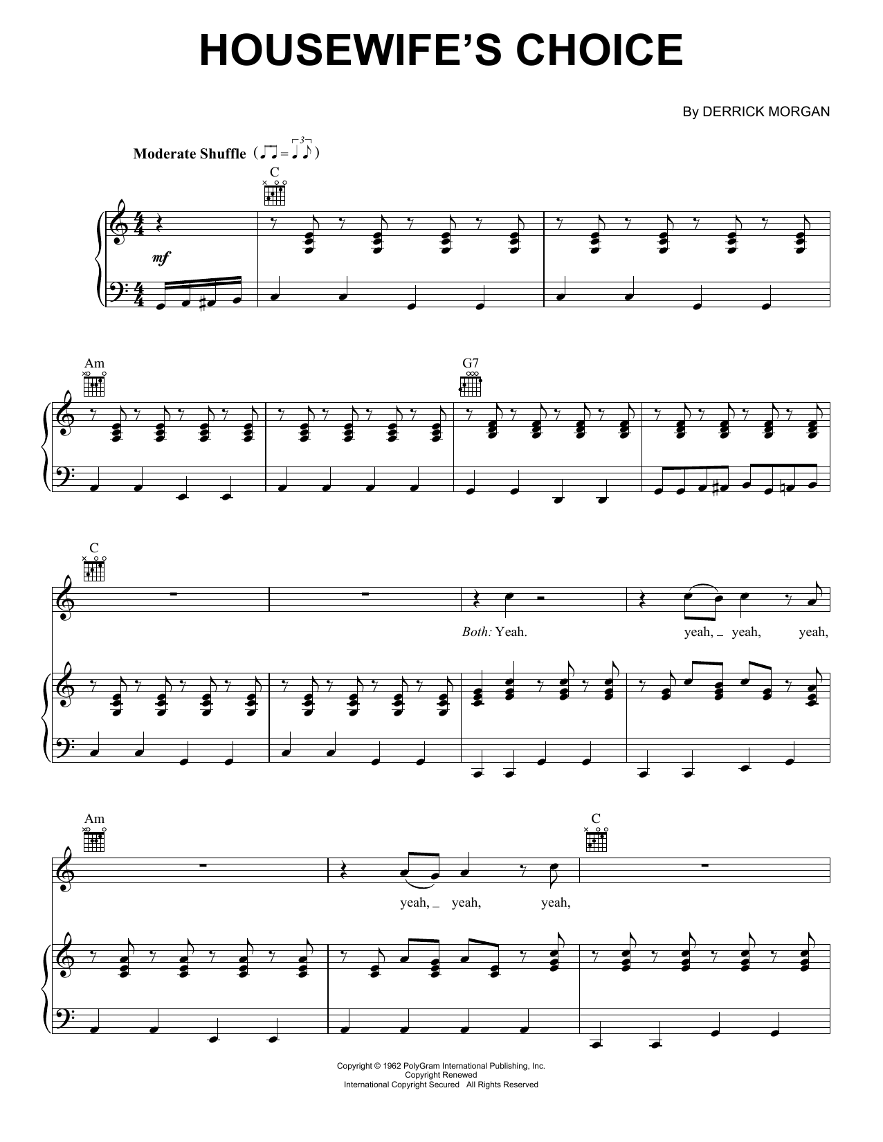 Learn to play Derrick Morgan Housewife's Choice sheet music for Piano, Vocal & Guitar Chords (Right-Hand Melody) in minutes. Price: 7.8900$ Derrick Morgan Housewife's Choice sheet music notes and chords arranged for Piano, Vocal & Guitar Chords (Right-Hand Melody)