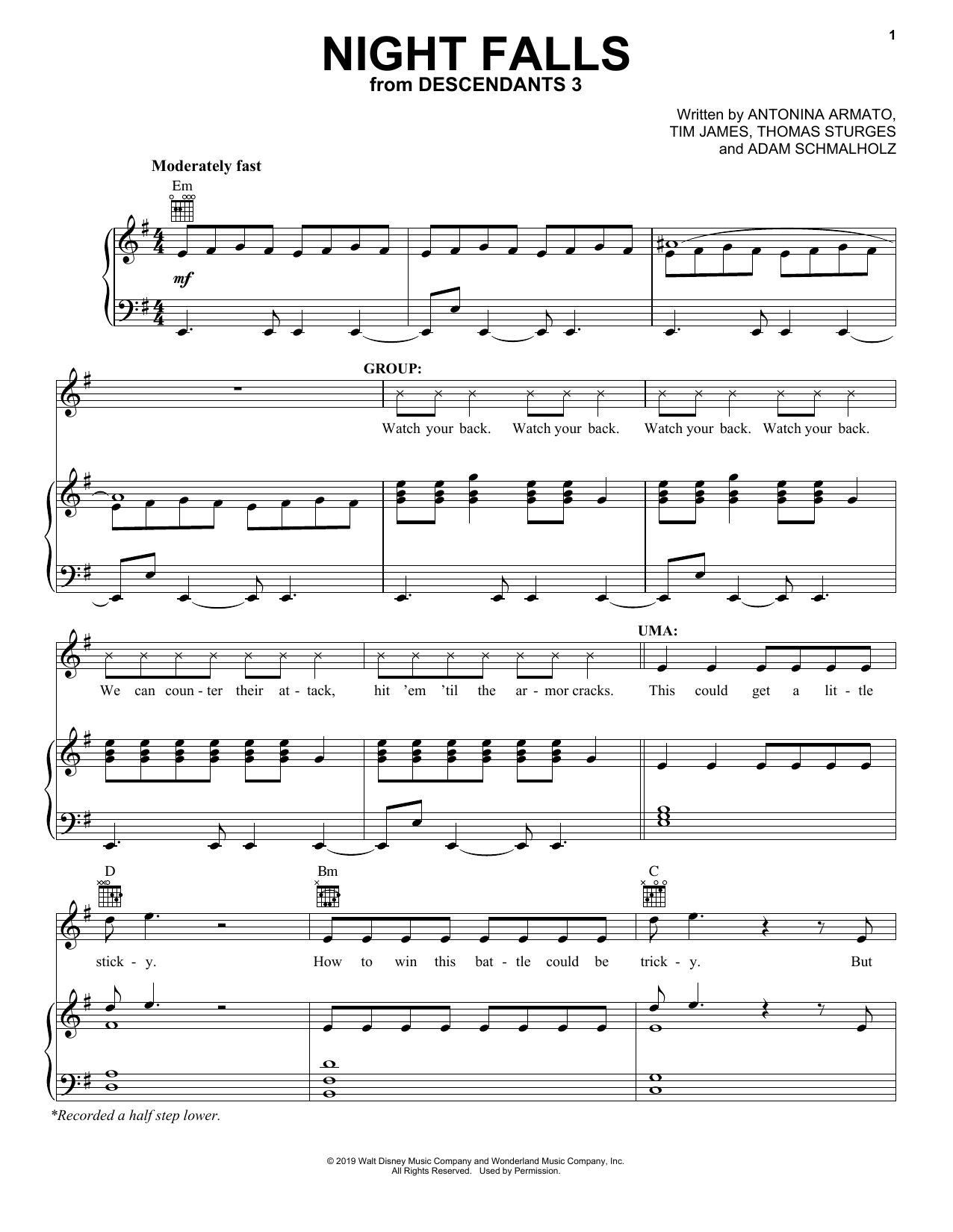 Descendants 3 Cast Night Falls (from Disney's Descendants 3) sheet music notes and chords. Download Printable PDF.